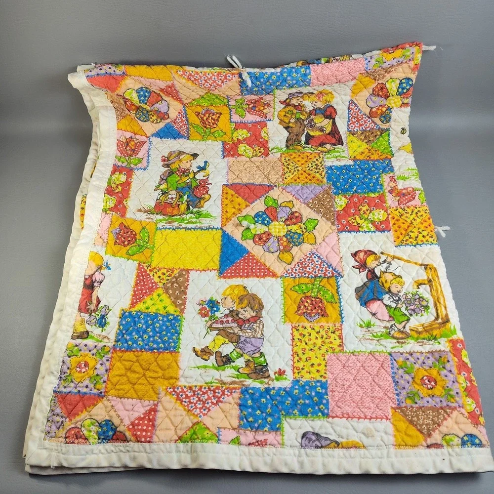 Vintage 1970s Hollie Hobbie Style Patchwork Quilt Blanket Handmade 52x44 Retro